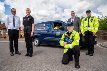 L-R: Essex Police’s Head of Roads Policing Unit Adam Pipe, Road Crime Operational Manager Samantha Wright, Speed Enforcement Officers Peter Baker (driver), Caitlin Meredith (kneeling) and Lauren Green beside Police, Fire and Crime Commissioner Roger Hirst